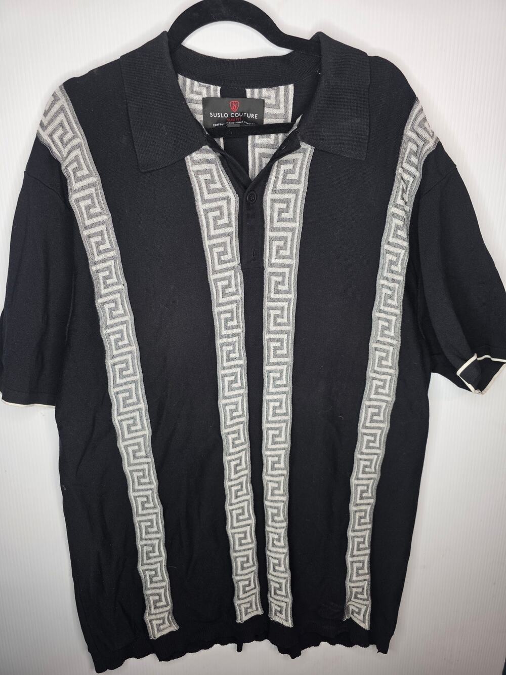 Suslo Couture Black Gray Greek Key Polo Shirt Size 4XL Slim Fit 4XL